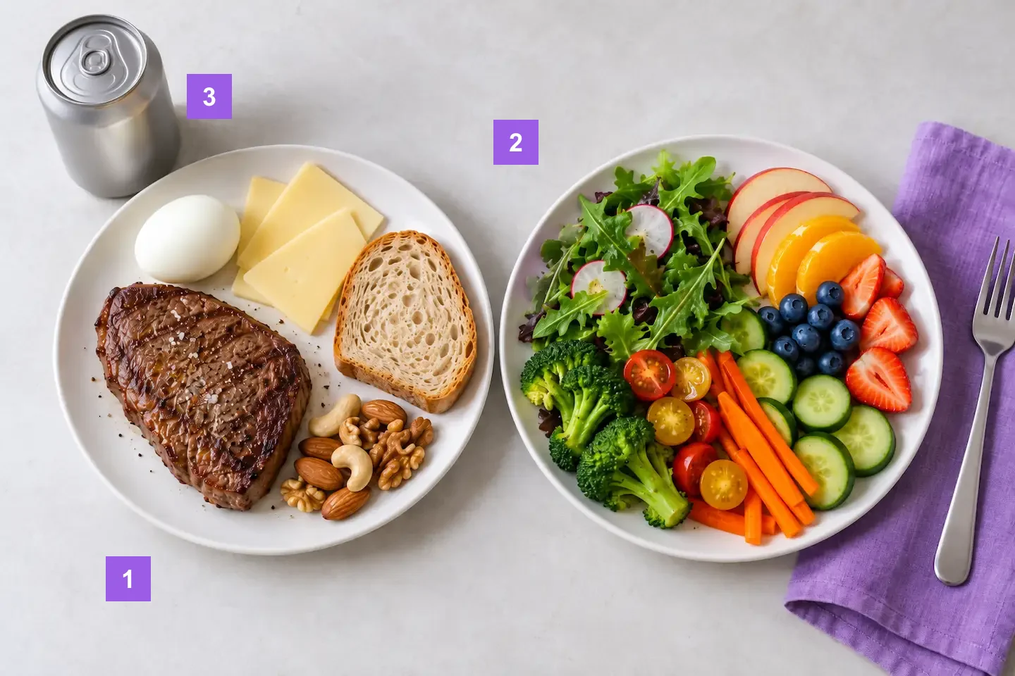 Two plates. On the left, a steak, a boiled egg, cheese, ordinary bread and nuts, with a can of soda beside them. On the right, salad, vegetables, berries and fruit.
