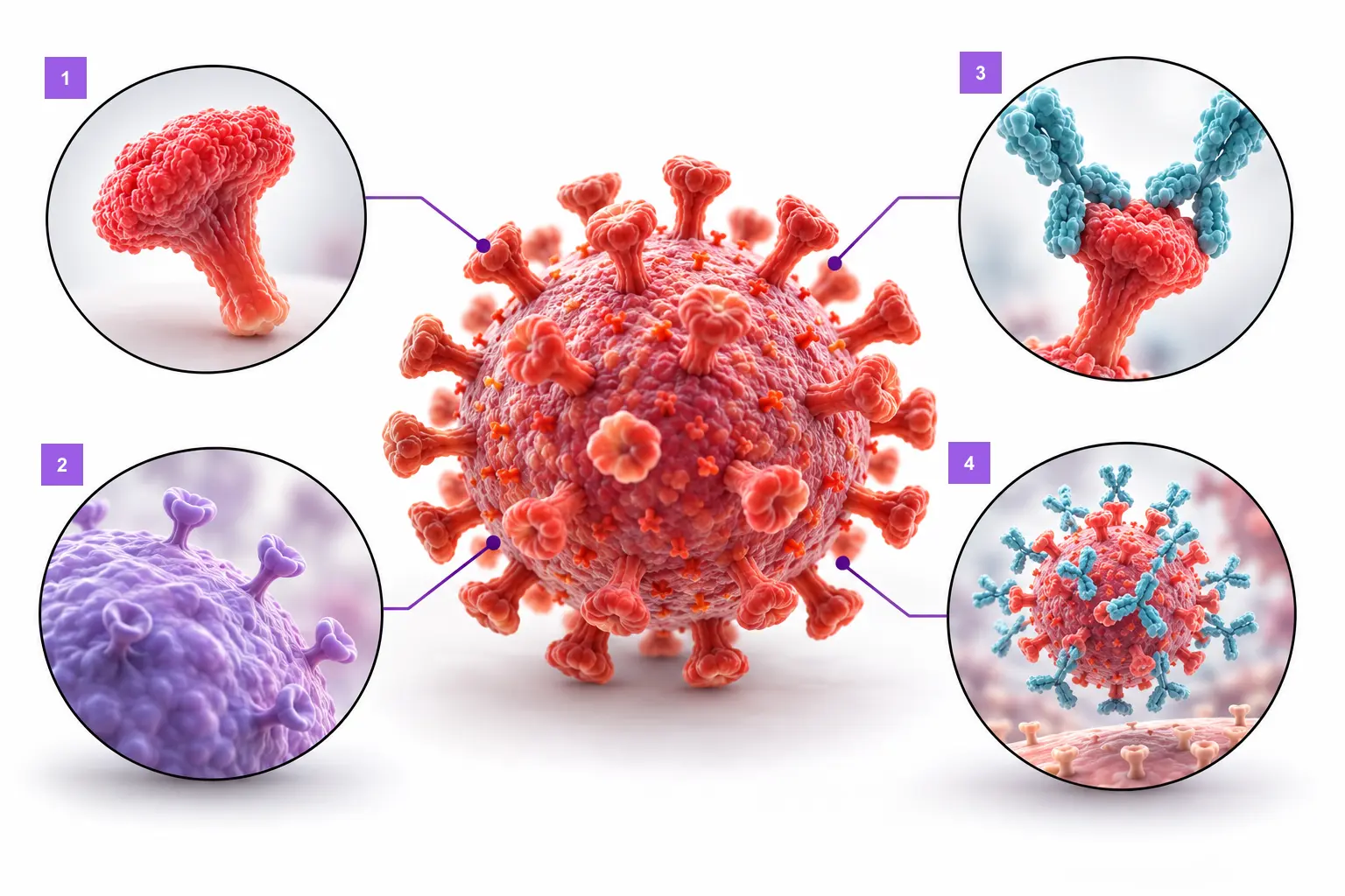 Diagram of how a vaccine works: a virus with spike proteins in the centre, surrounded by four close-ups — a single spike protein, an immune cell with receptors that fit it, an antibody gripping the spike, and a virus coated in antibodies that cannot attach to a cell.